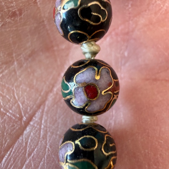 Vintage Elegant Black and Gold Floral Cloisonné Beaded Necklace - Picture 5 of 9